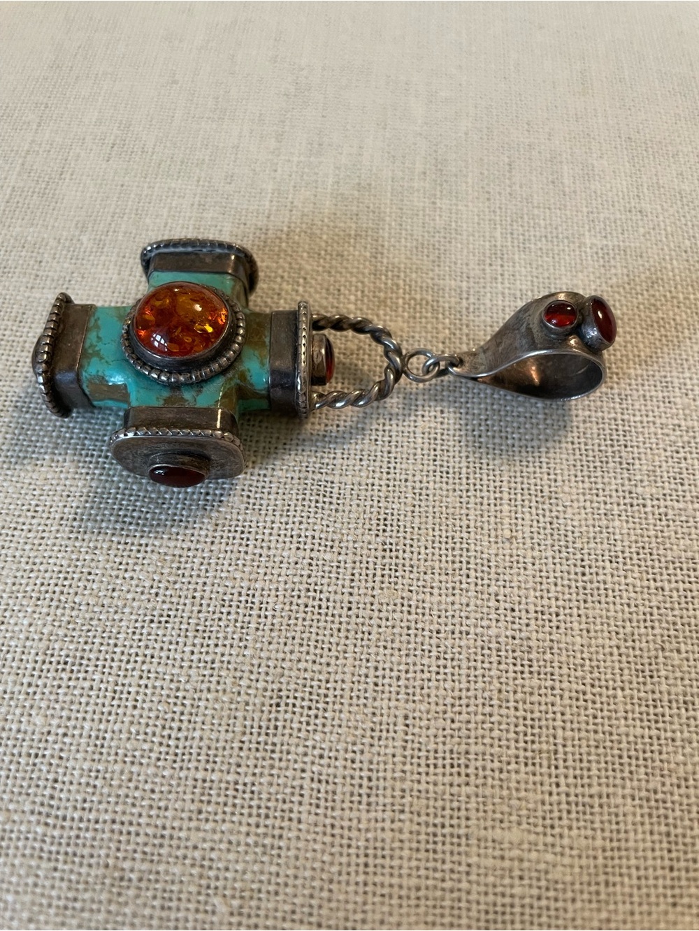 LARGE Reversible Sterling Silver, Turquoise, and Amber Cross Pendant - Picture 4 of 12